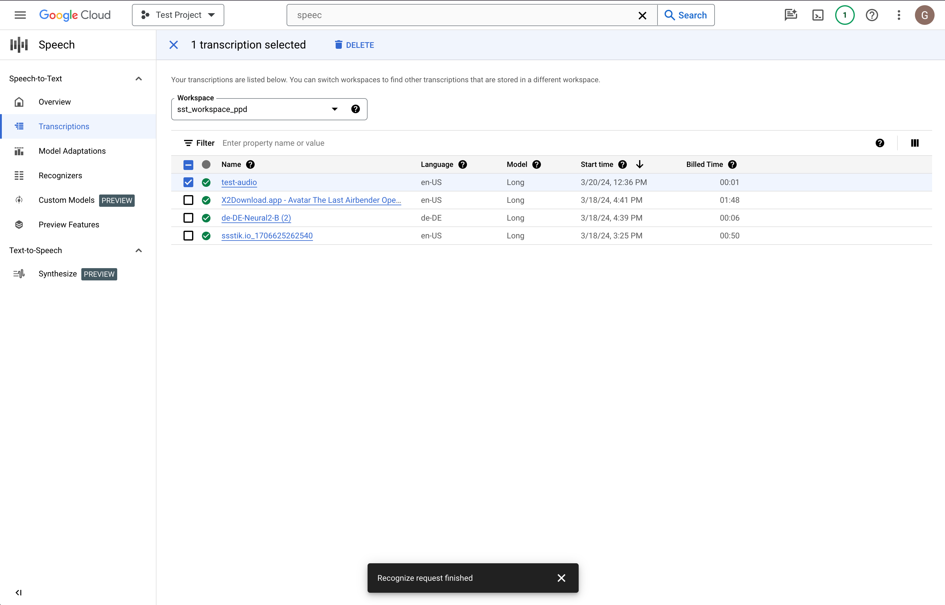 Capture d'écran de la page "Liste de transcription" de Speech-to-text.