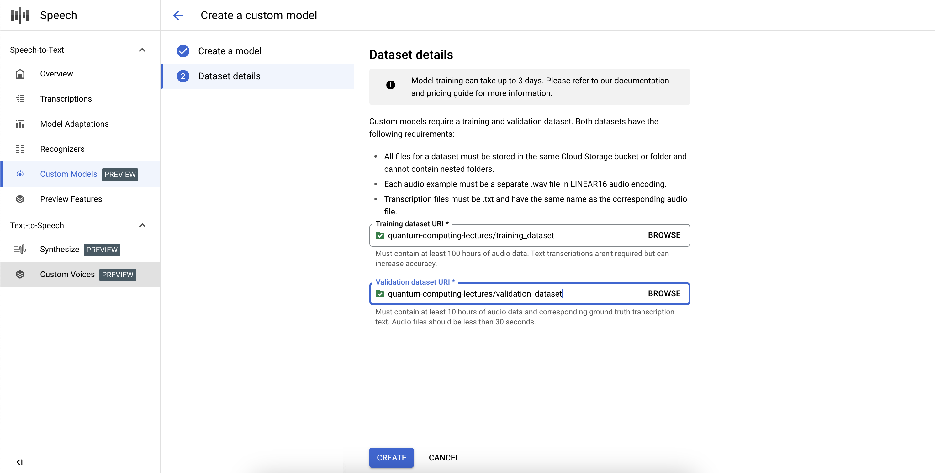 Capture d'écran du workflow de création d'un modèle Speech-to-Text personnalisé, montrant les champs requis pour les ensembles de données d'entraînement et de validation du modèle personnalisé