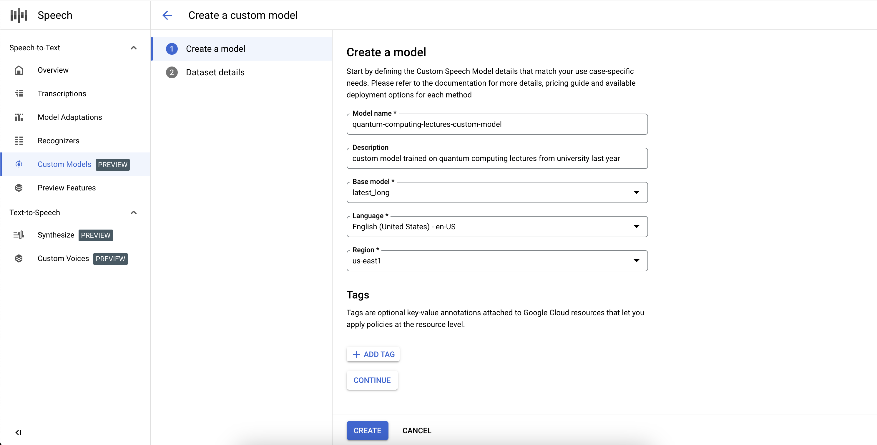 Capture d'écran du workflow de création d'un modèle Speech-to-Text personnalisé, montrant les champs obligatoires pour le modèle personnalisé