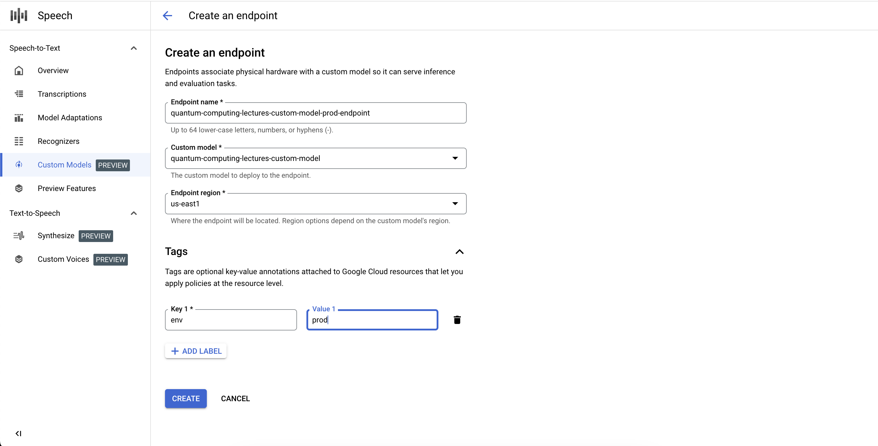 Captura de tela do fluxo de trabalho de criação de endpoints do modelo personalizado da Speech-to-Text, mostrando os campos necessários para o endpoint desse modelo