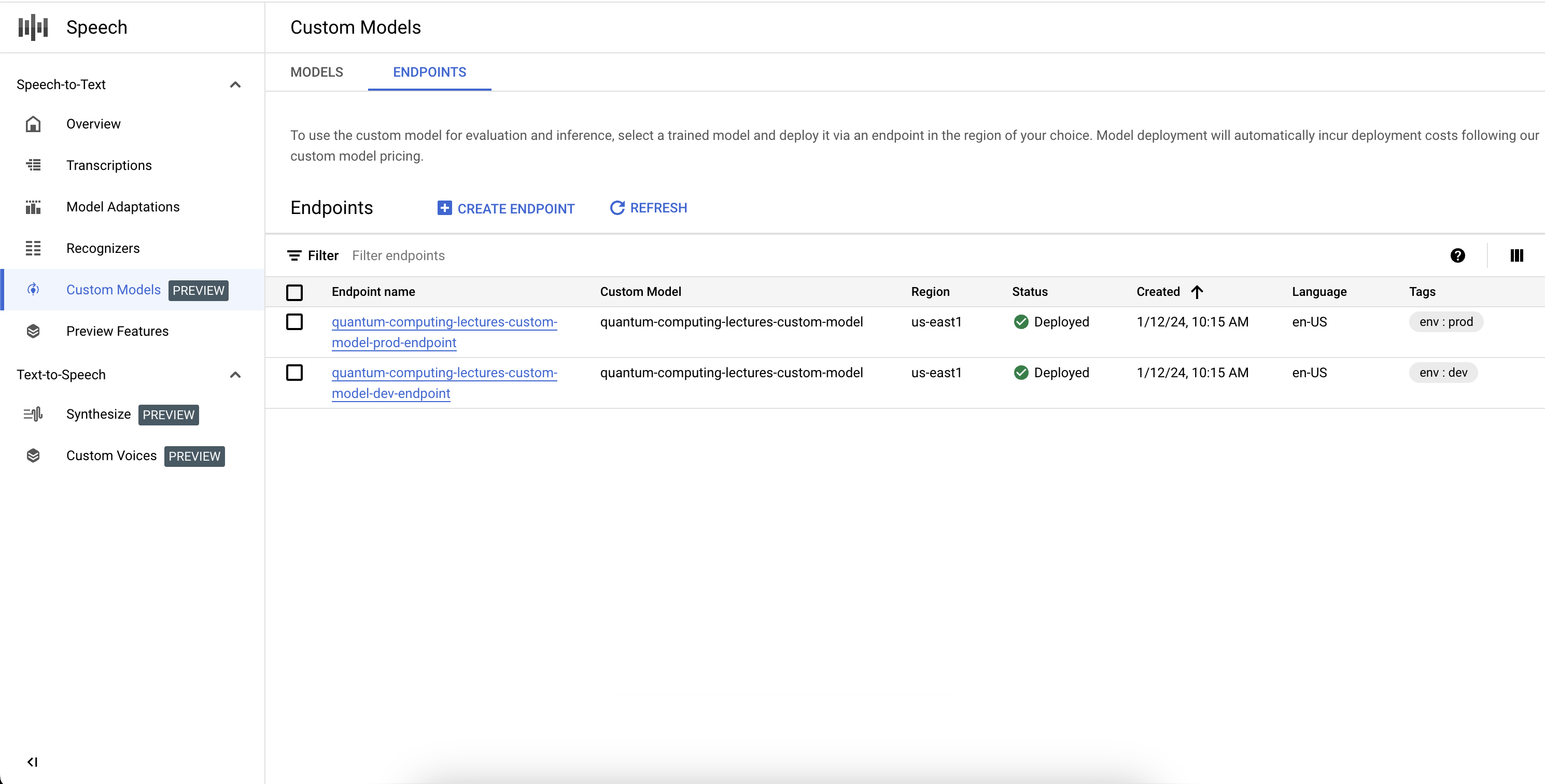 Screenshot of the Custom Speech-to-Text model endpoint list workflow, showing a table with all the already created endpoints of custom models