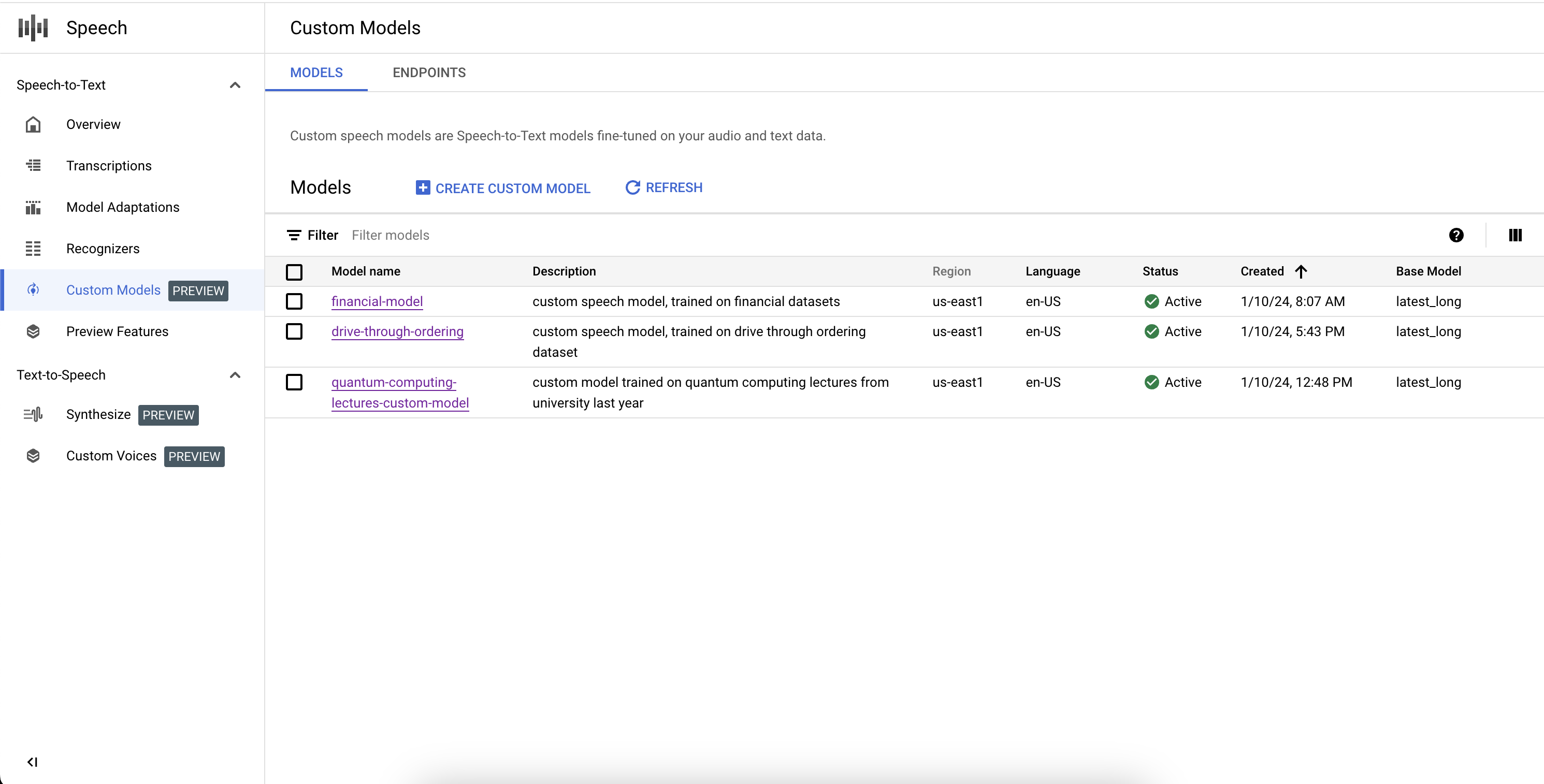 Screenshot des Workflows für die Liste der benutzerdefinierten Speech-to-Text-Modelle, der eine Tabelle mit allen bereits erstellten benutzerdefinierten Modellen zeigt