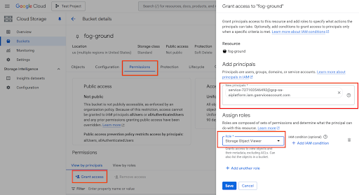 Captura de ecrã da conta de serviço Speech-to-text com autorização da IAM concedida.