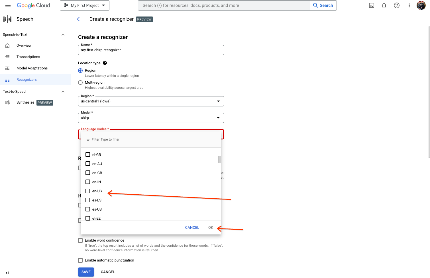 Capture d&#39;écran de la page &quot;Créer un outil de reconnaissance&quot; de Speech-to-text.