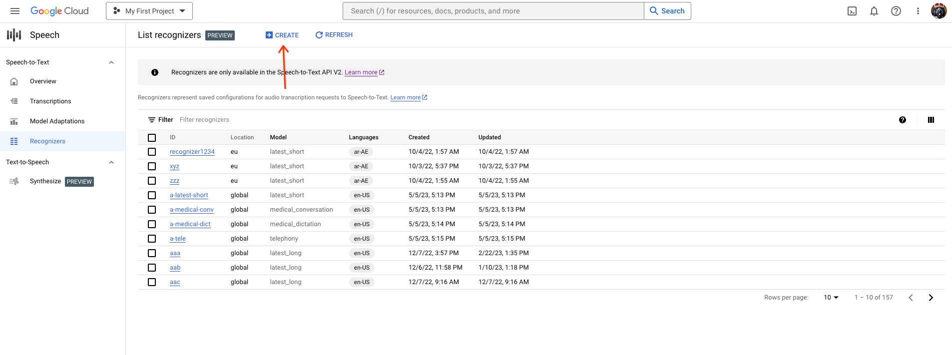 Screenshot dell&#39;elenco Riconoscimento voce in testo.