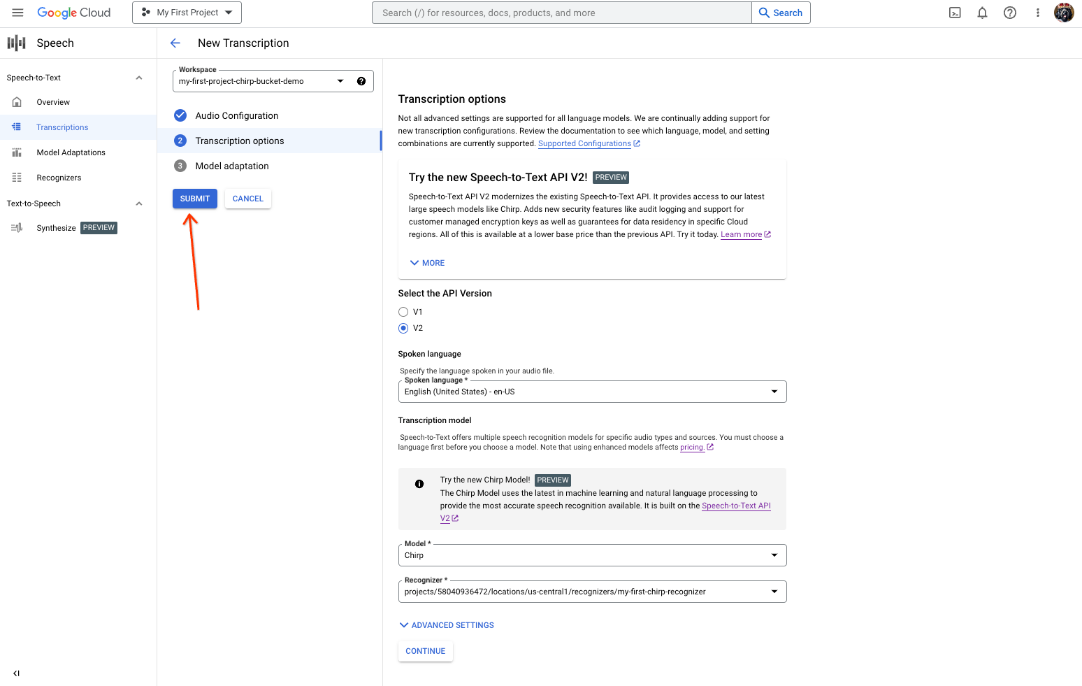 Screenshot of the Speech-to-text transcription creation page showing selecting Chirp model and submitting a transcription job.