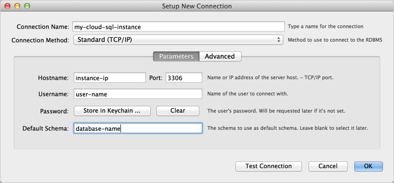 Configurazione di una nuova connessione, parametri in MySQL Workbench.