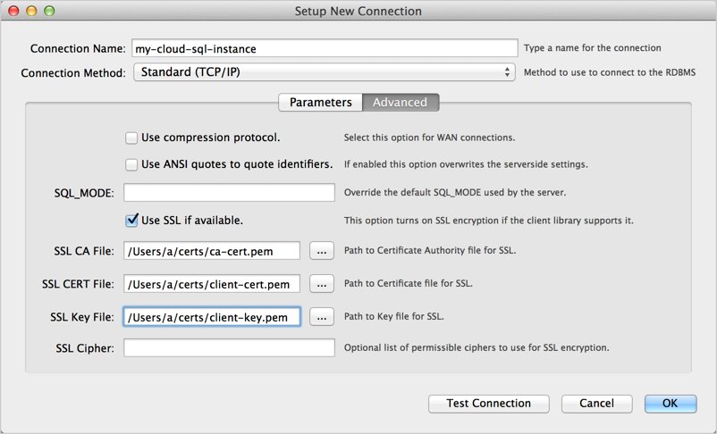 The setup New Connection, Advanced in MySQL Workbench.