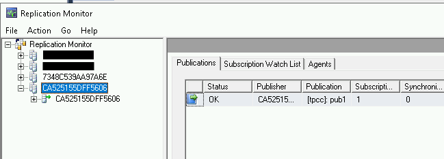 レプリケーション モニターで [Publications] タブに行が表示される