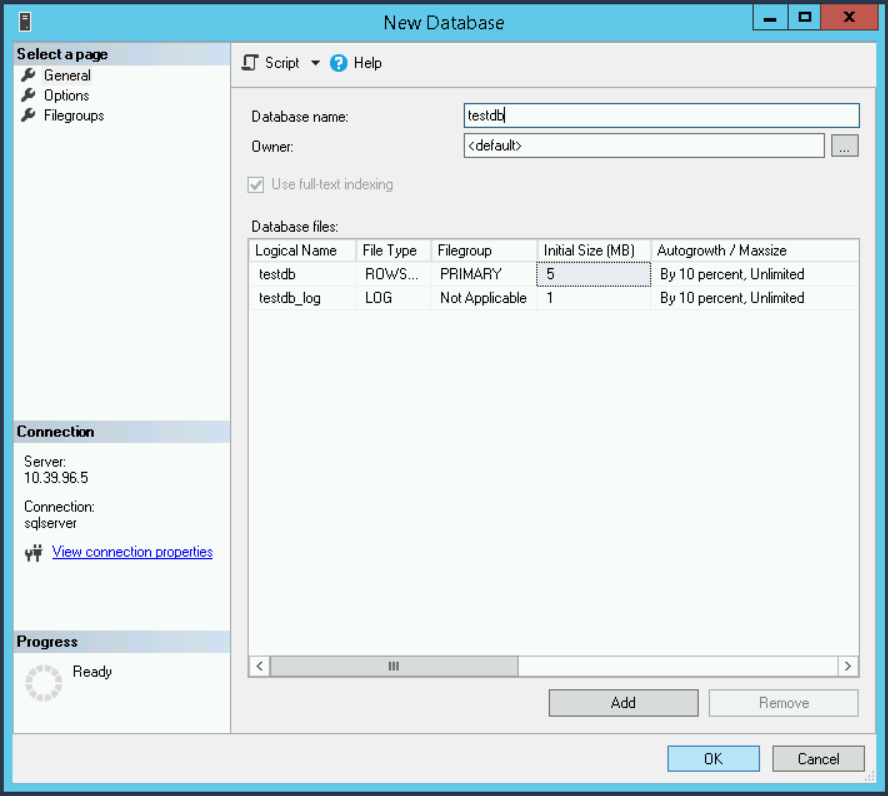 Masukkan nama database testdb dalam dialog