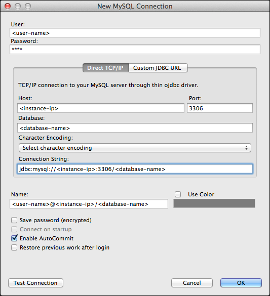 Das Dialogfeld &quot;Create New Connection&quot; in Toad for Mac.