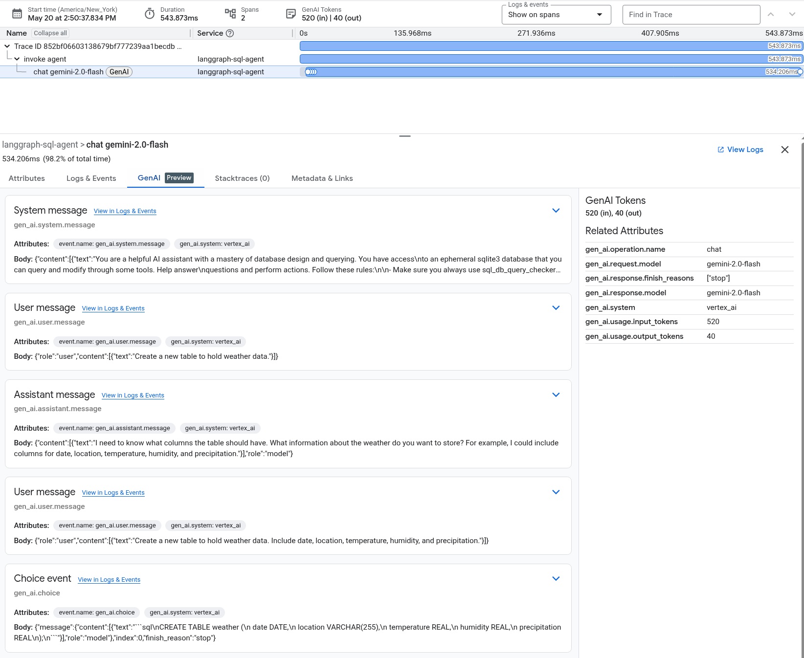Display of generative AI events.