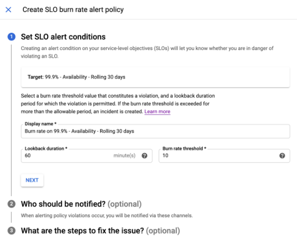 SLO ベースのアラート条件で事前入力された値。