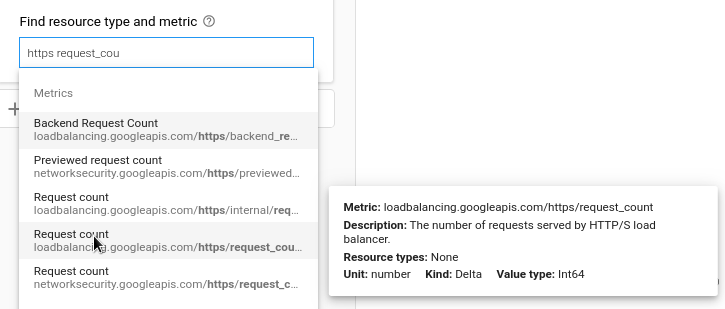 Metrics Explorer 中的負載平衡指標，懸浮資訊卡顯示指標類型。