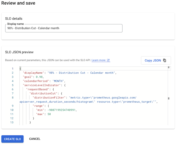 Monitoring generates a default name for your SLO.