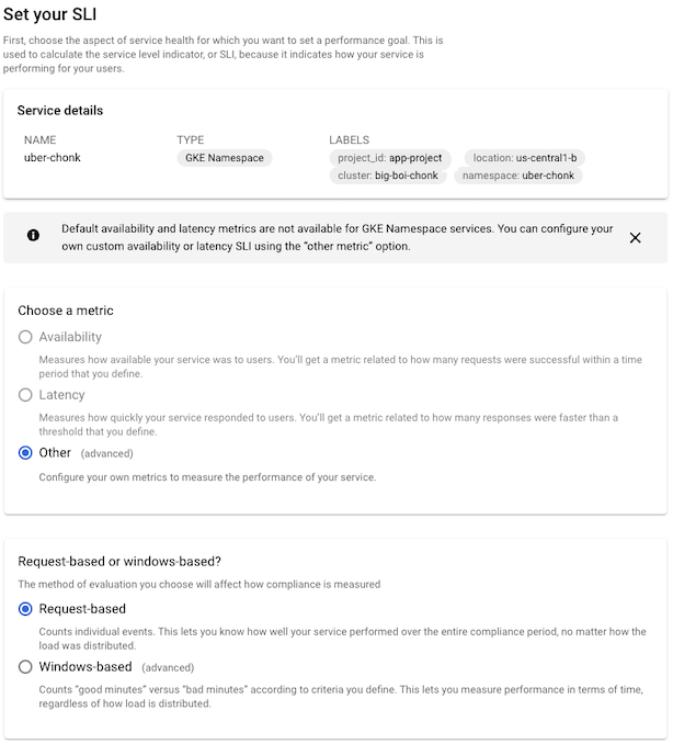 Use the **Set your SLI** pane to choose a performance metric