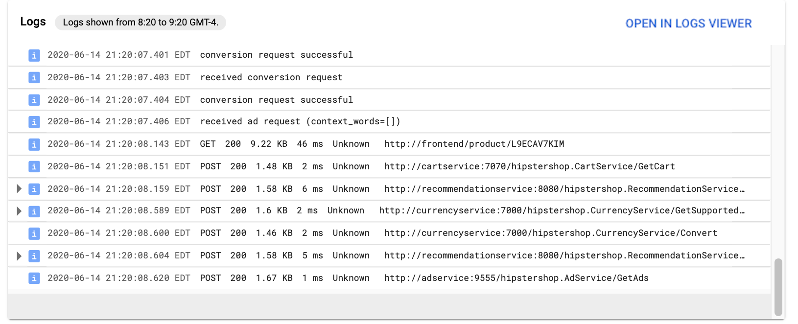 **Logs** menampilkan entri log Cloud Logging yang ditulis oleh layanan ini.