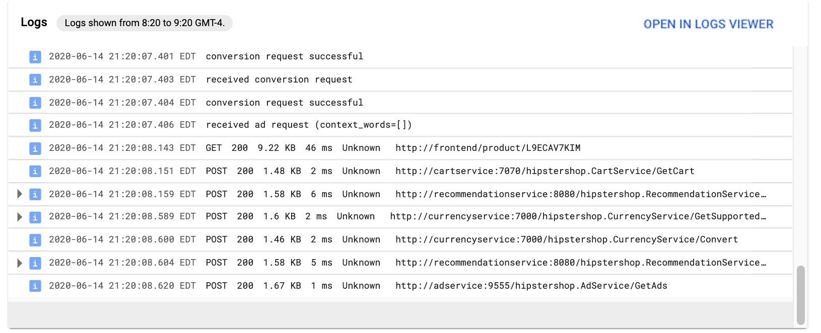 En **Registros**, se muestran las entradas de registro de Cloud Logging que escribió este servicio.
