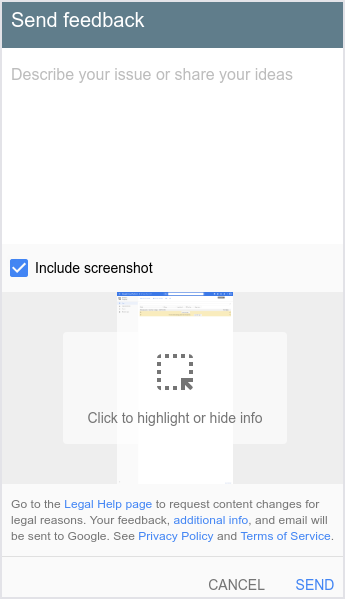 Interfaccia utente che mostra la finestra di dialogo Invia feedback.