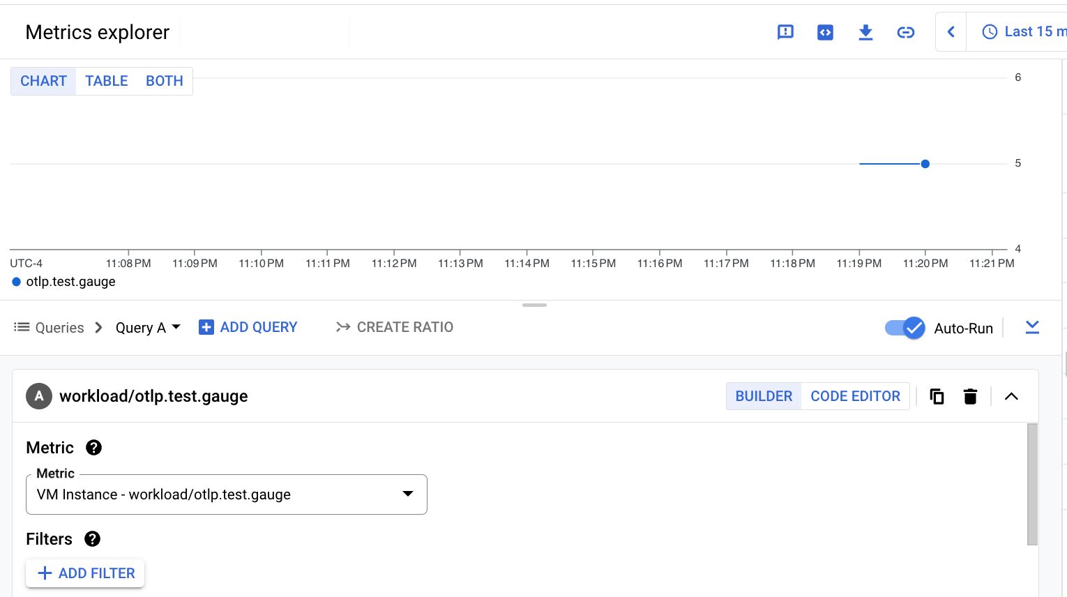 Builder-based Metrics Explorer chart for the OTLP gauge metric ingested by using the Monitoring API.