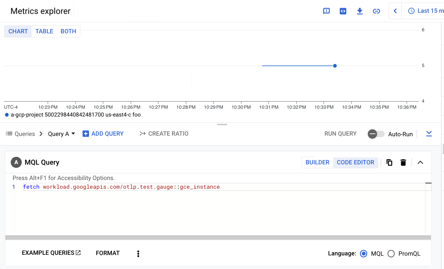 Diagram Metrics Explorer MQL untuk metrik pengukur OTLP yang diserap menggunakan Monitoring API.