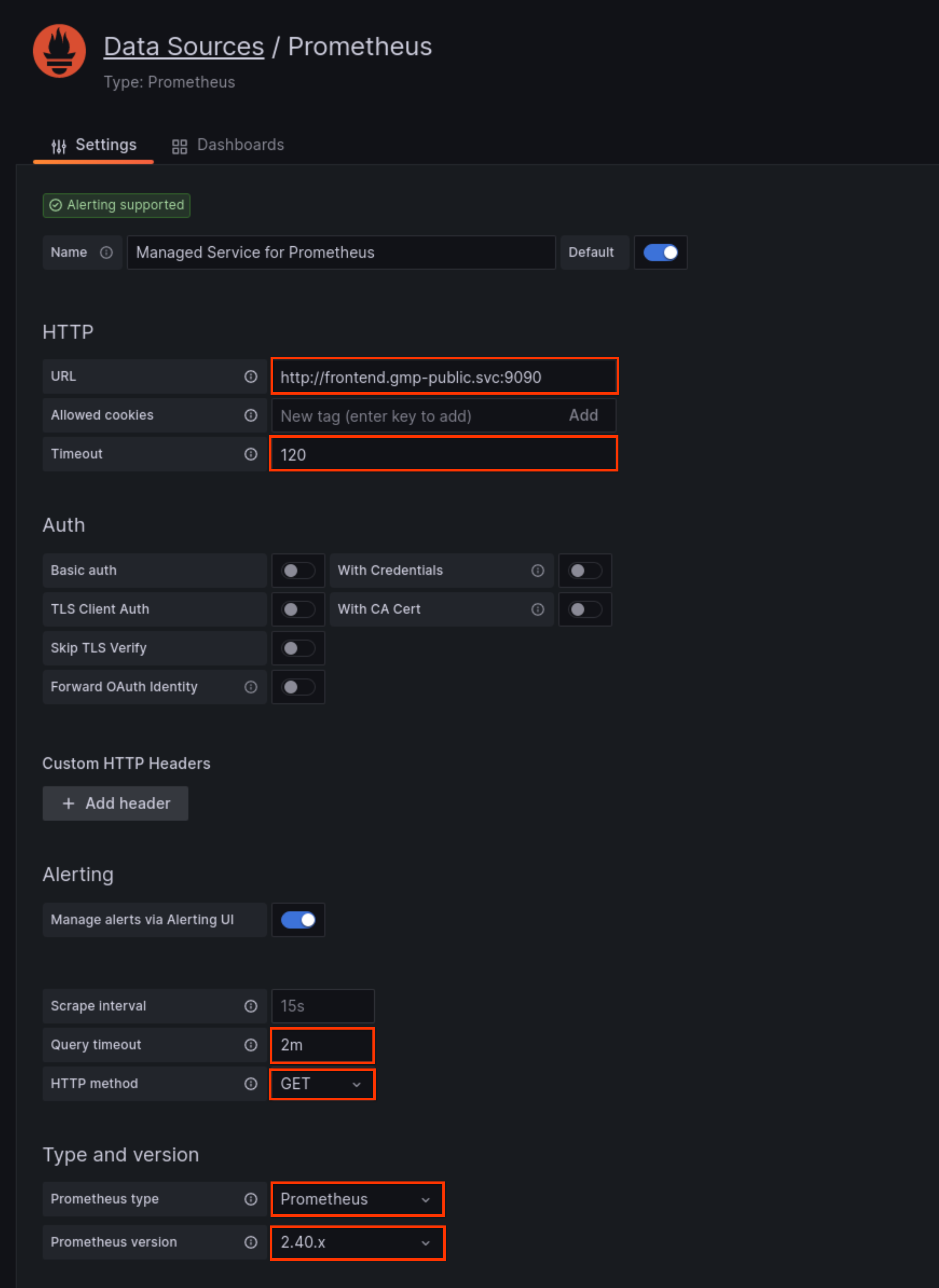 Managed Service for Prometheus データソースを構成します。