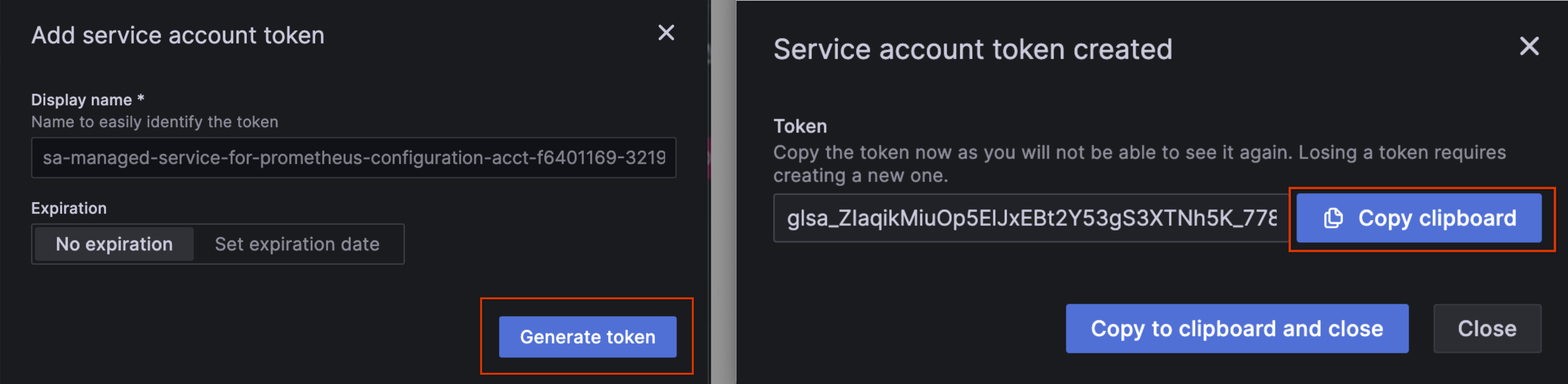 Generate and save a service account token in Grafana.