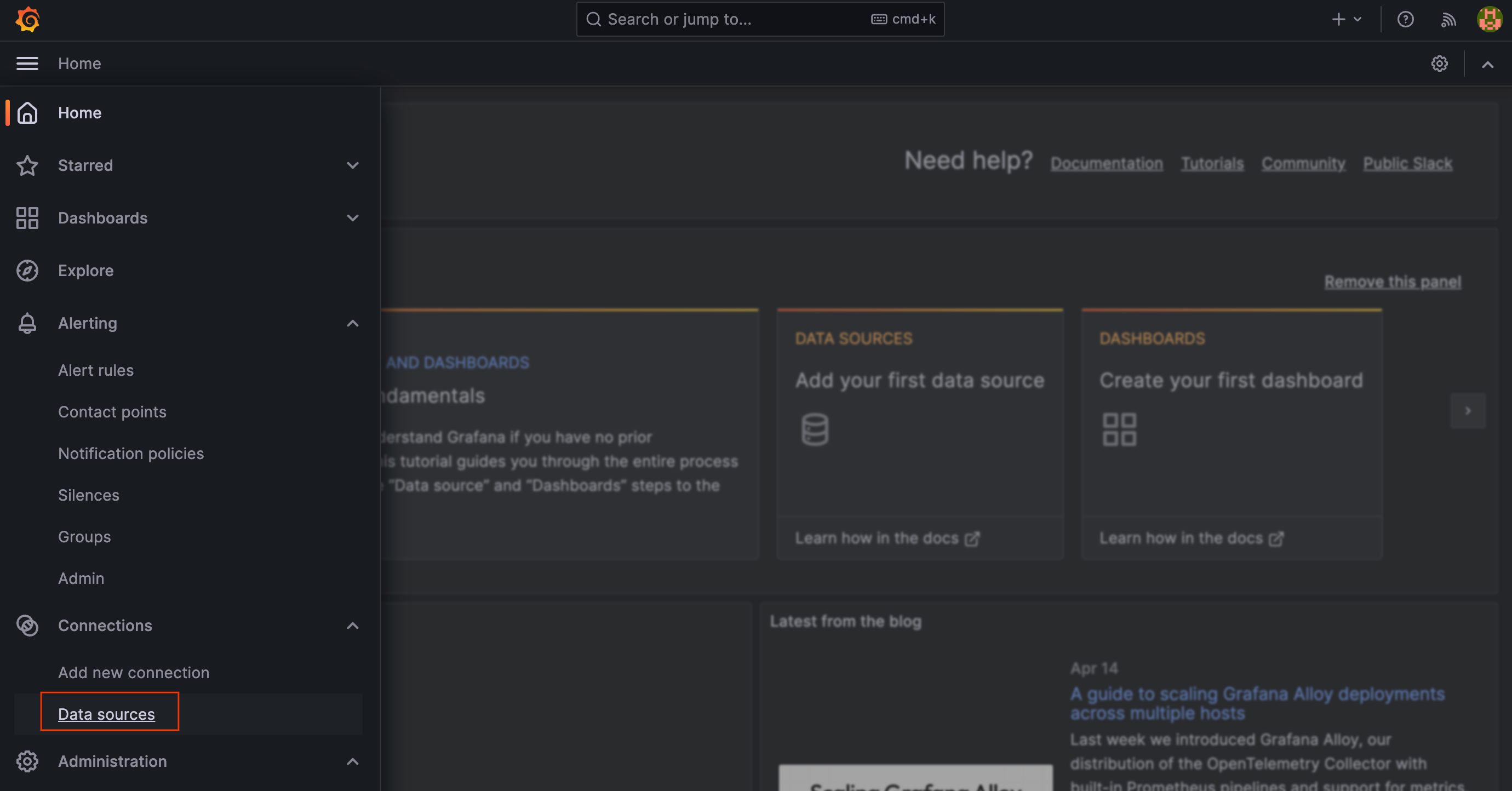 Adding a data source in Grafana.