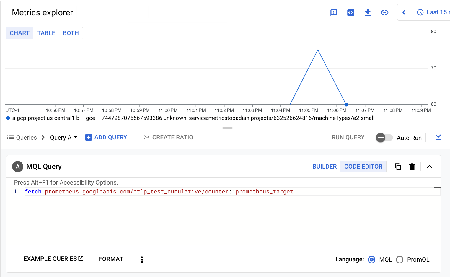 Grafico MQL Metrics Explorer per la metrica del contatore OTLP importata tramite l&#39;API Prometheus.