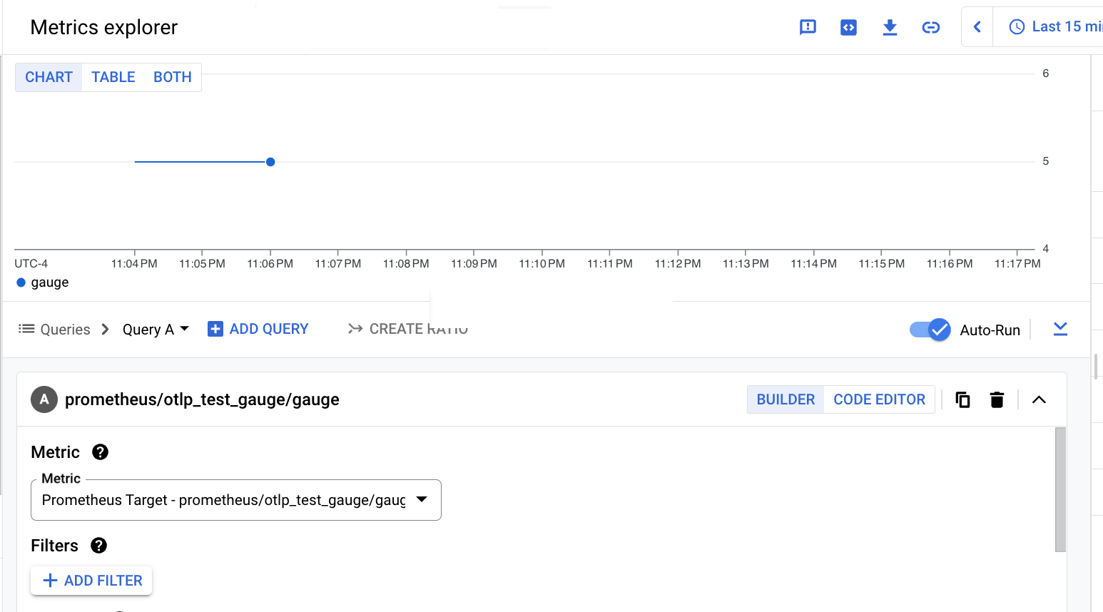 Builder-based Metrics Explorer chart for the OTLP gauge metric ingested by using the Prometheus API.