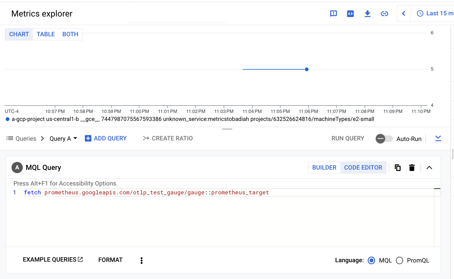 Diagram Metrics Explorer MQL untuk metrik pengukur OTLP yang diserap menggunakan Prometheus API.