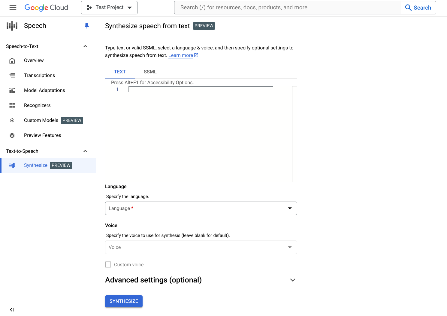 Captura de tela da página de Sintetização do Text-to-Speech.