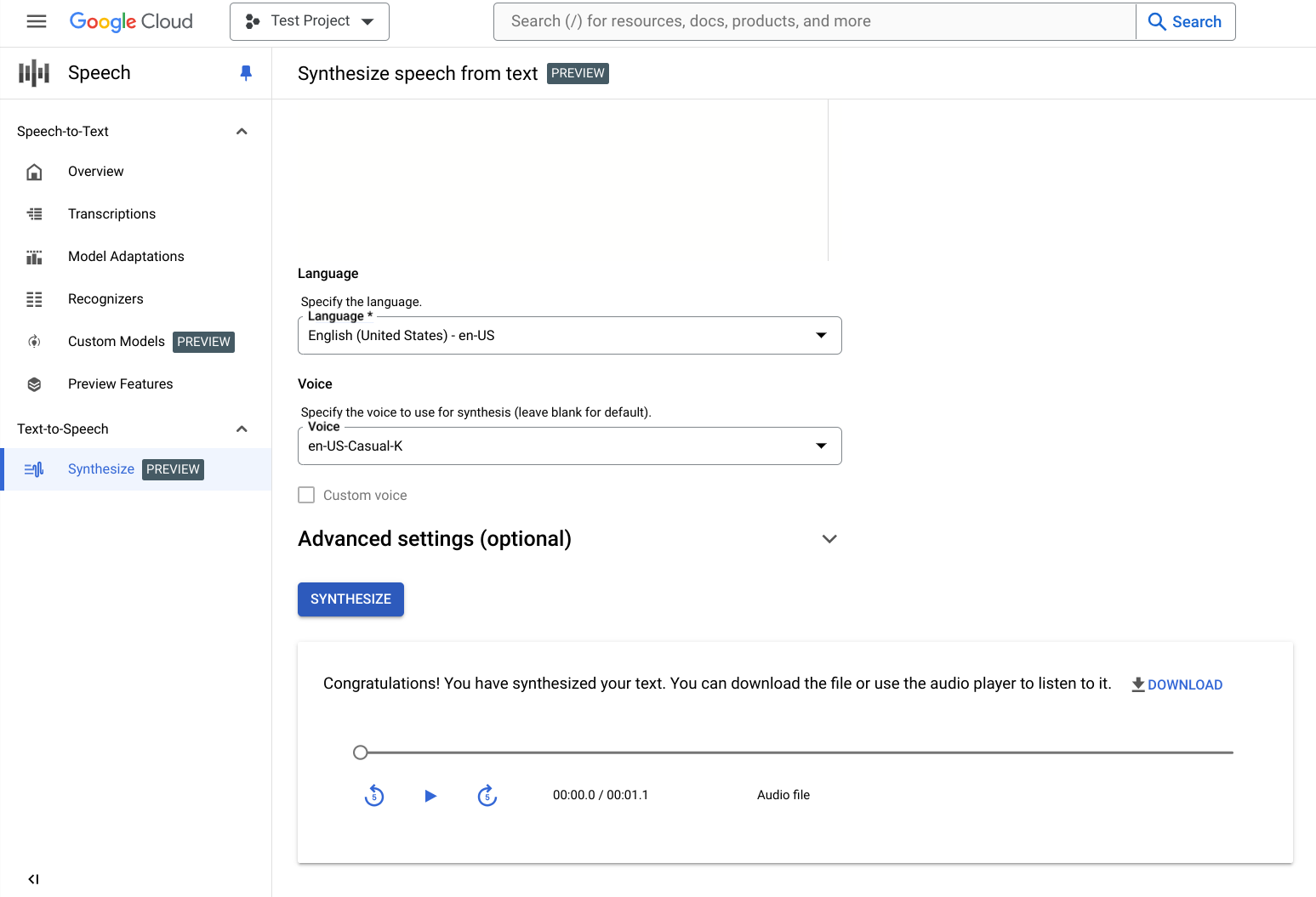 Captura de tela da página de sintetização do Text-to-Speech, parte 3.