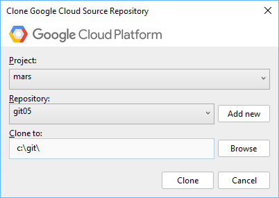 Dialog box with a field for selecting a project and a repository. An Add
new button allows you to create a new repository. The dialog also provides a
field for entering a path to clone the source code to. A Browse button allows
you to open a file explorer window to navigate to the clone location instead.