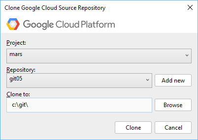 Caixa de diálogo com um campo para selecionar um projeto e um repositório. Um botão &quot;Add new&quot; permite criar um novo repositório. A caixa de diálogo também fornece um campo para inserir um caminho para clonar o código-fonte. Um botão &quot;Browse&quot; permite que você abra uma janela do explorador de arquivos para navegar até o local do clone.