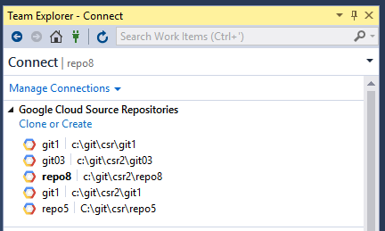 Visualizzazione della finestra di Team Explorer con l'elenco dei repository disponibili