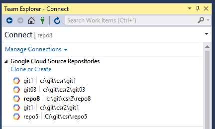 Pantalla de la ventana de Team Explorer con la lista de repositorios disponibles.