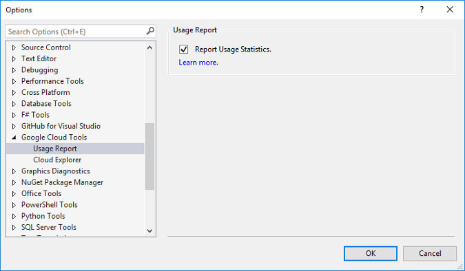 Dialog yang menampilkan menu Opsi. Faset Google Cloud Tools diperluas dan kotak centang Report Usages Statistics dipilih.