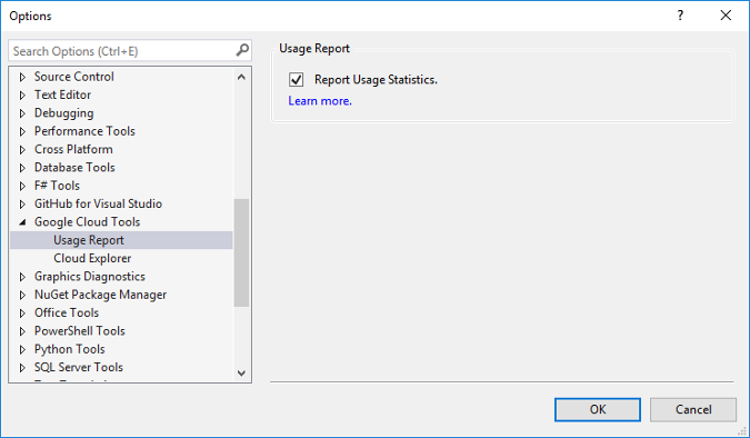 Dialog yang menampilkan menu Opsi. Faset Google Cloud Tools diperluas dan kotak centang Laporkan Statistik Penggunaan dipilih.