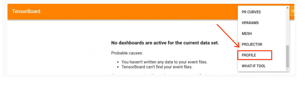 從 TensorBoard 下拉式選單中選取「Profile」