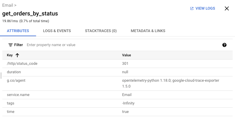 Example of the Cloud Trace attributes table.