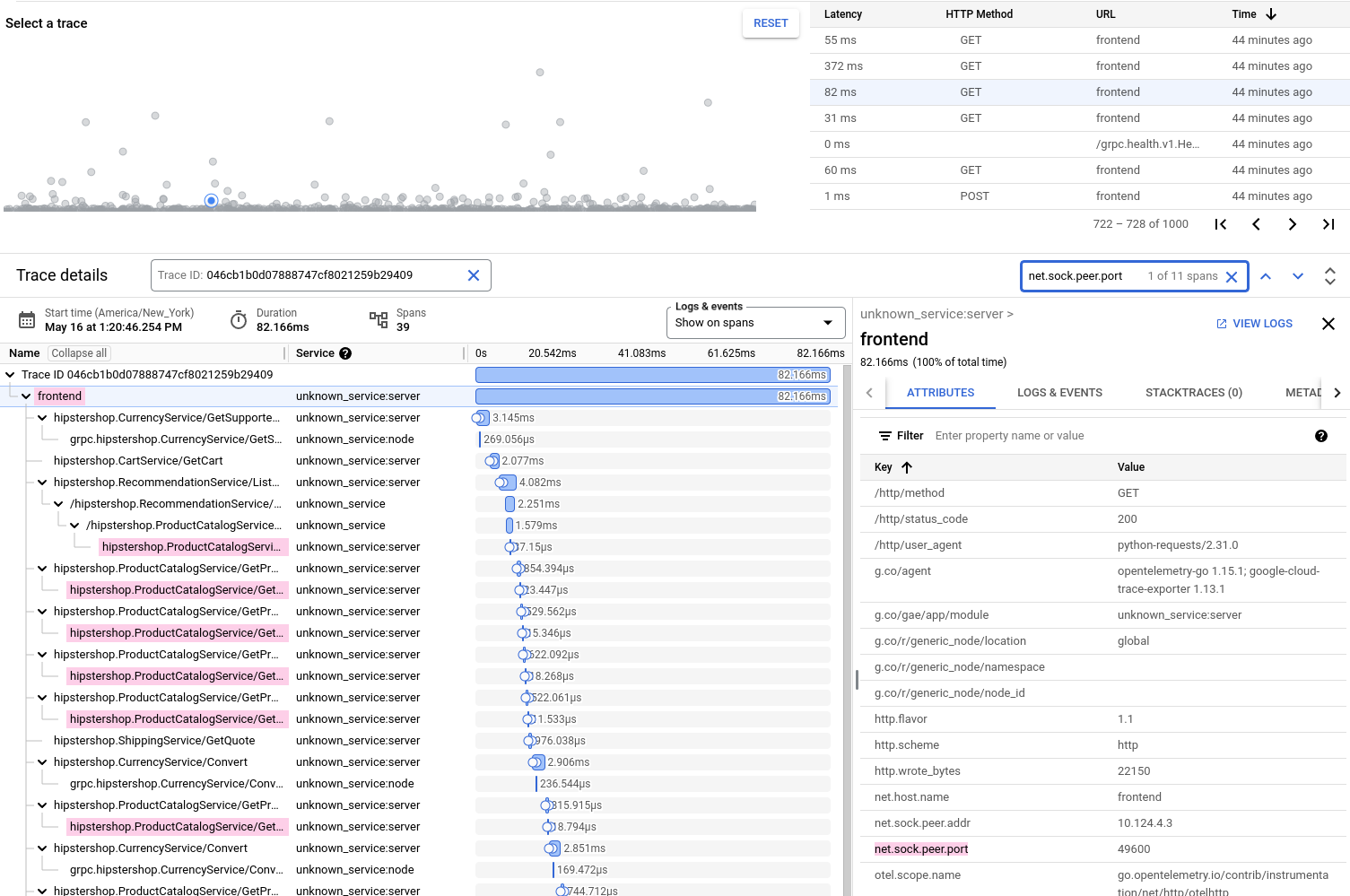 Exemples du volet Détails de Cloud Trace.