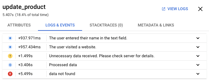 Ejemplo de la pestaña de eventos y registros de Cloud Trace.