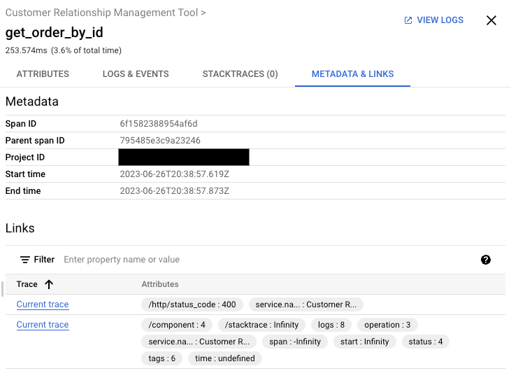 Beispiel für die Cloud Trace-Metadatenliste und die Tabelle mit Links