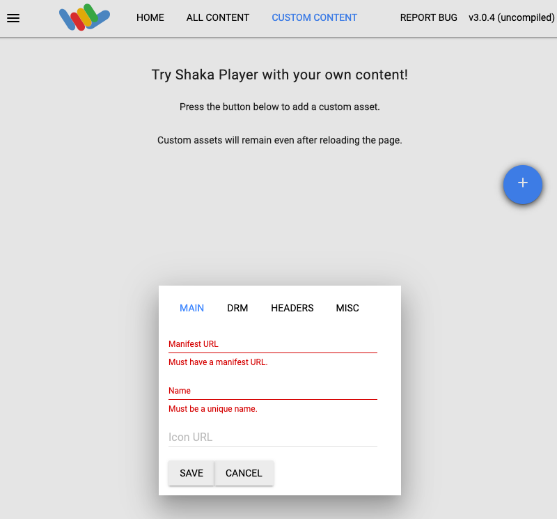 Introduce la URL del archivo en Shaka Player.