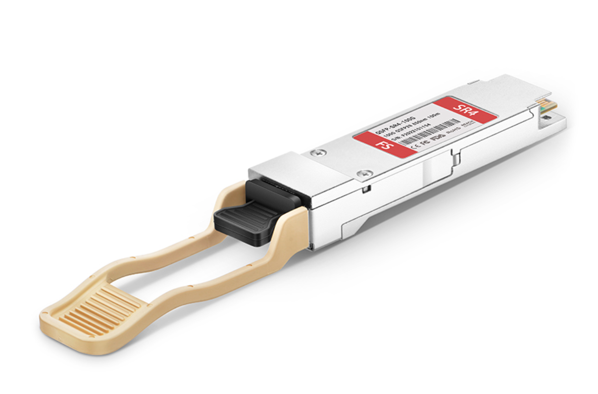 A photo depicting a QSFP28 to SFP28 adapter