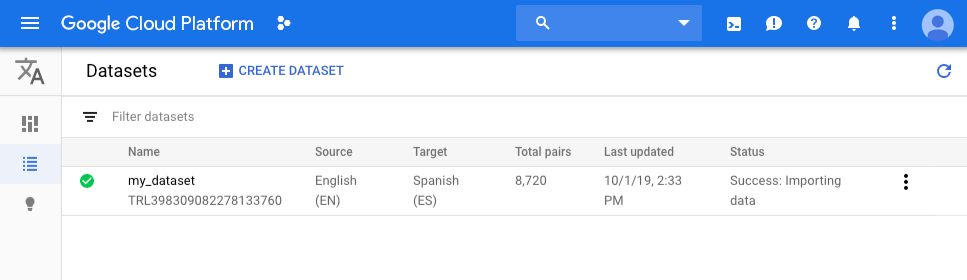 Datasets page with one dataset