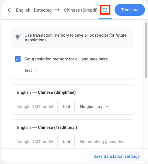 Translation job configuration