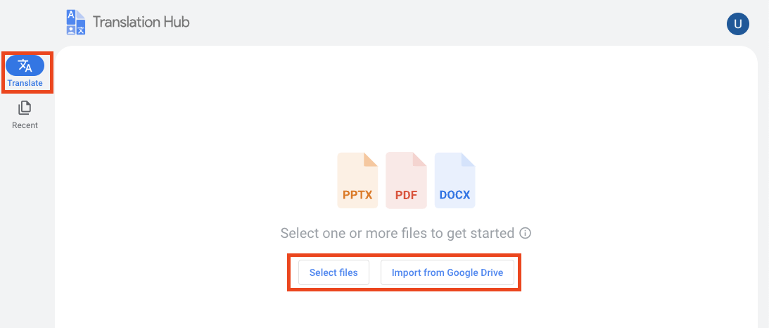 Upload or import files to start a translation request