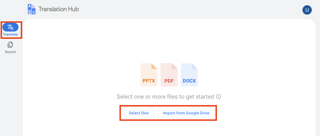 Subir o importar archivos para iniciar una solicitud de traducción